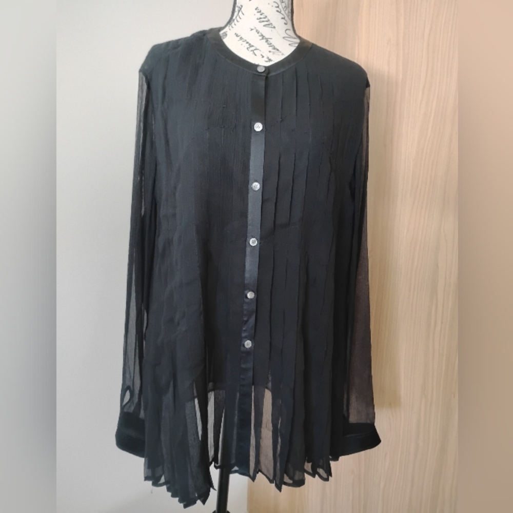 Elegant Black Sheer and Satin Women's Button Up Shirt Sz 16